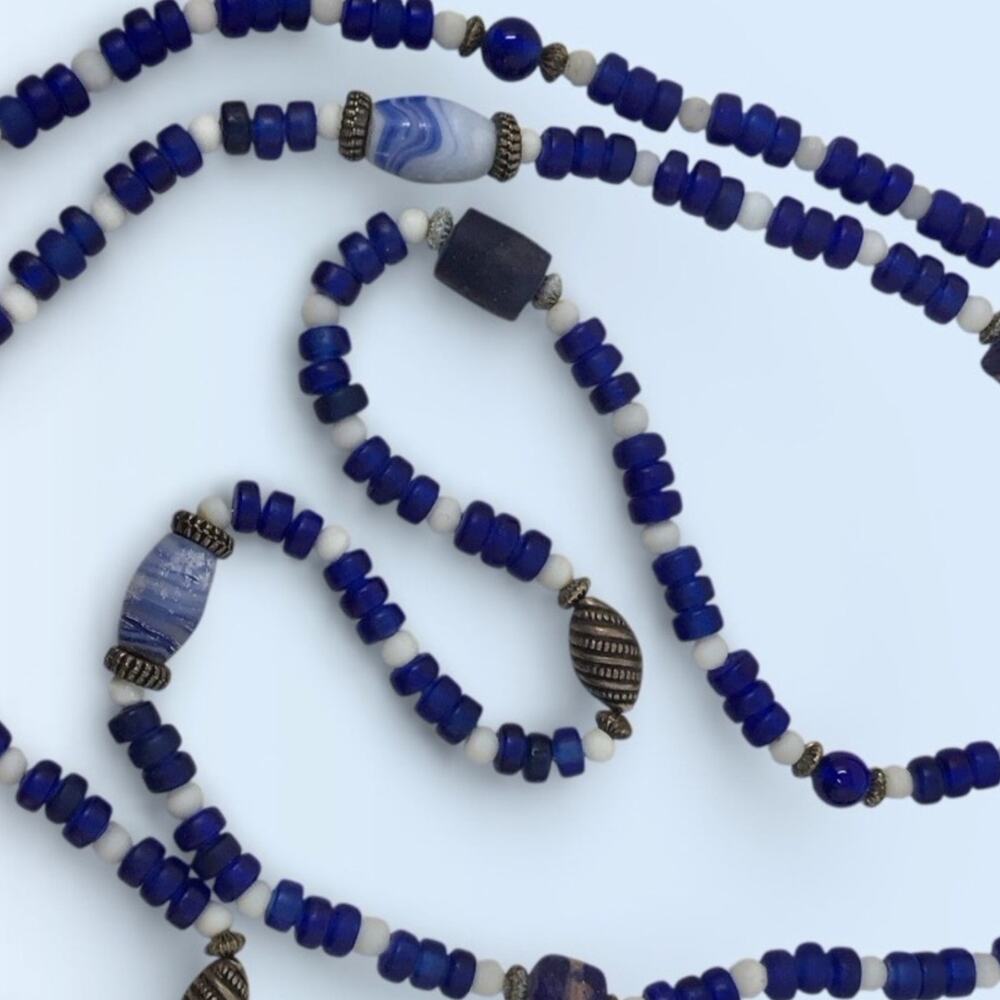 Hand-Crafted Cobalt Blue Glass Necklace & Brass Beaded Vintage
